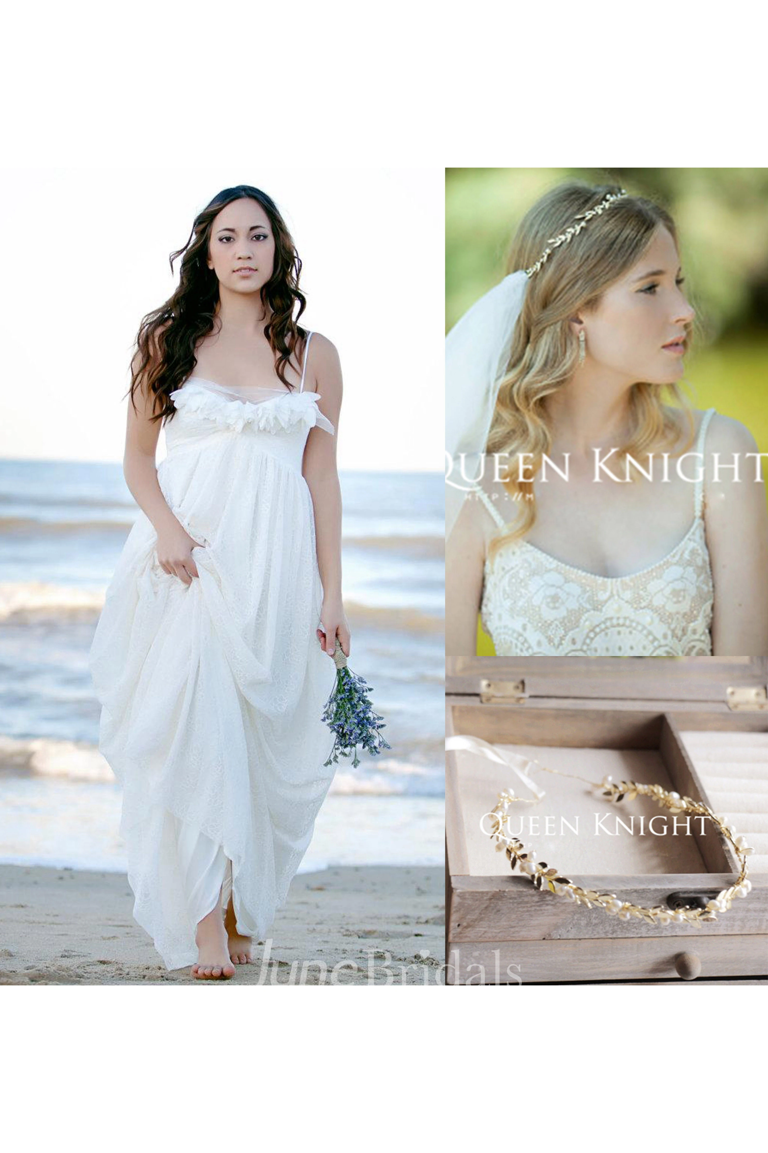 Romantic Bohemian Wedding Gown and Handmade Copper-plated Leaves Vines Pearl Hair Band