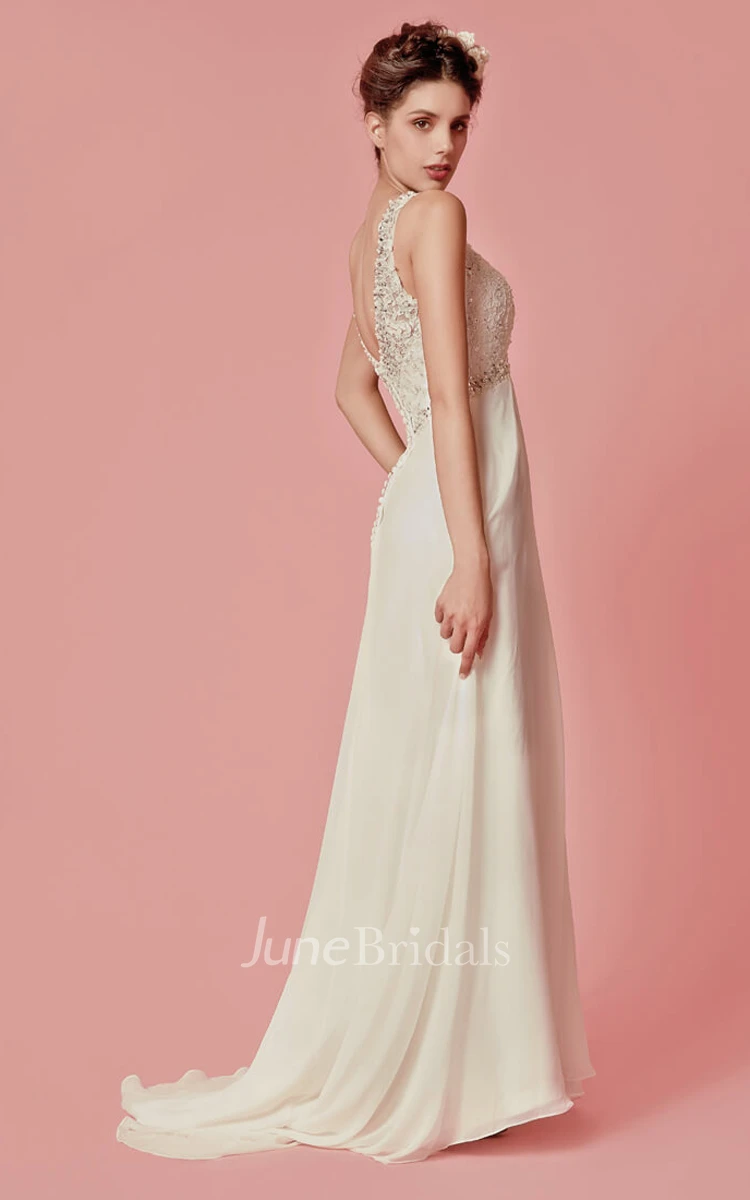 Sleeveless V-Neck Chiffon Long Dress With Lace Bodice