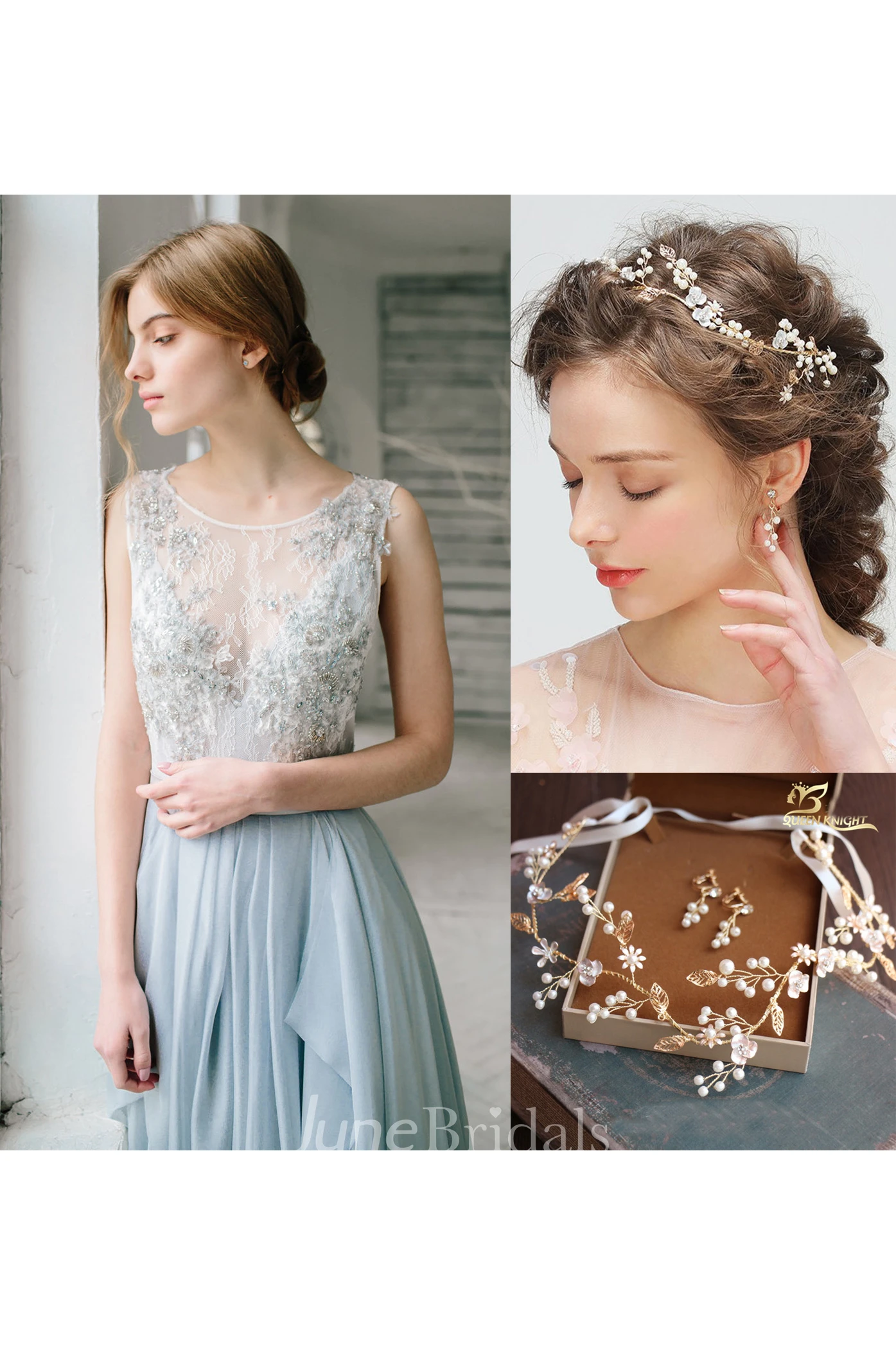 Sleeveless Floor-length Bridesmaid Dress and Exquisite Hand-flower Vine Pearl Hair With Ear Clip Set