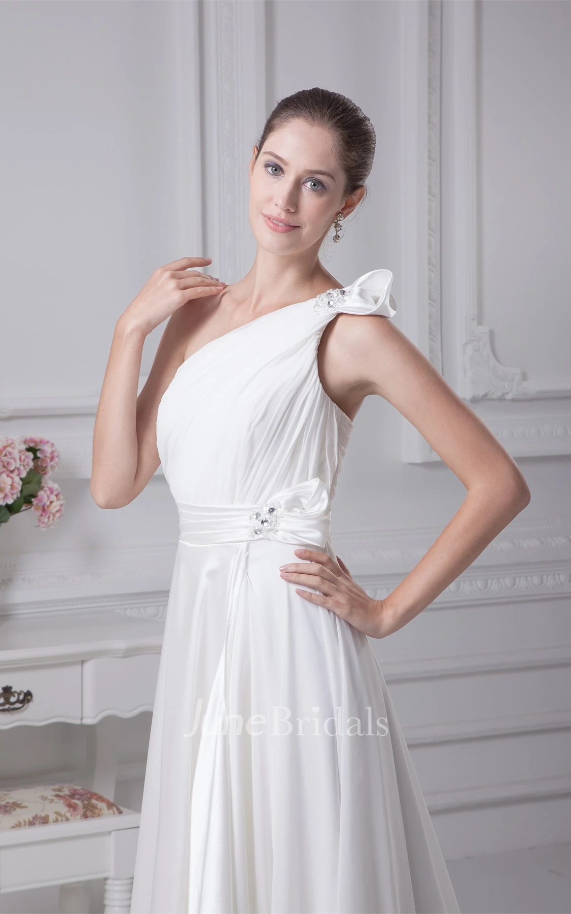 One-Shoulder Draped Floor-Length Dress with Broach and Ruched Top