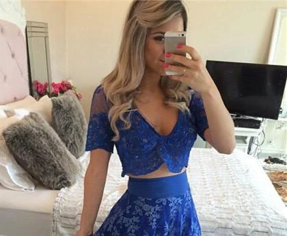 Sexy Two Piece Royal Blue Prom Dress Appliques Short Sleeve