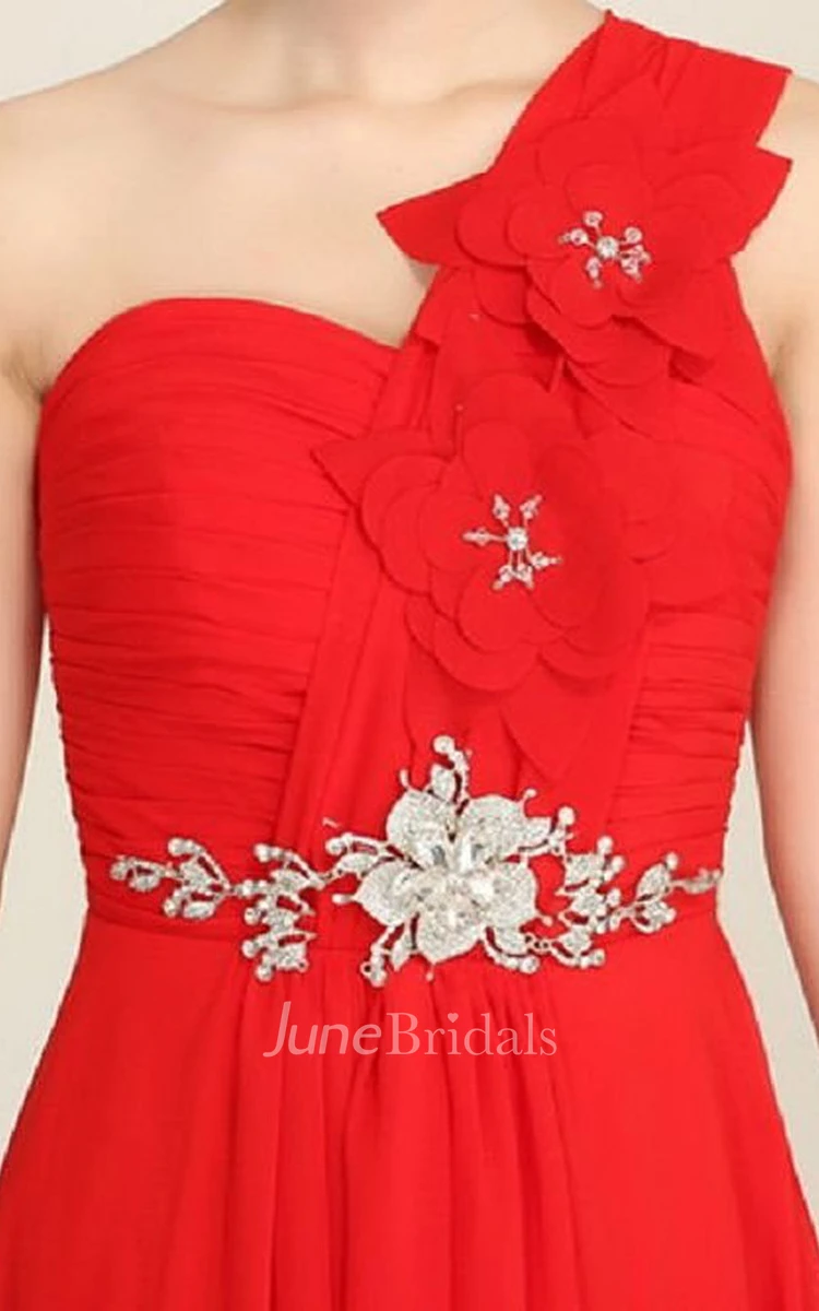 One-shoulder Long Chiffon Dress With Crystal and Flowers