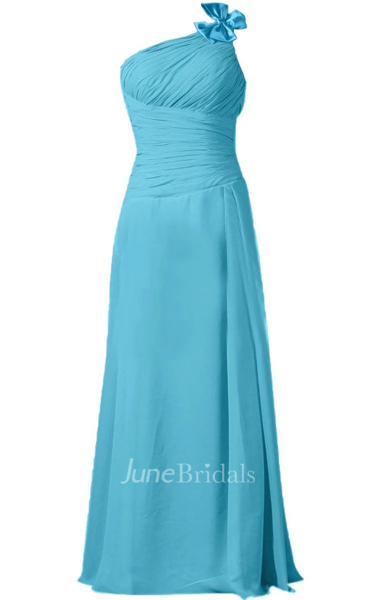 One-shoulder Ruched Chiffon A-line Gown With Bow