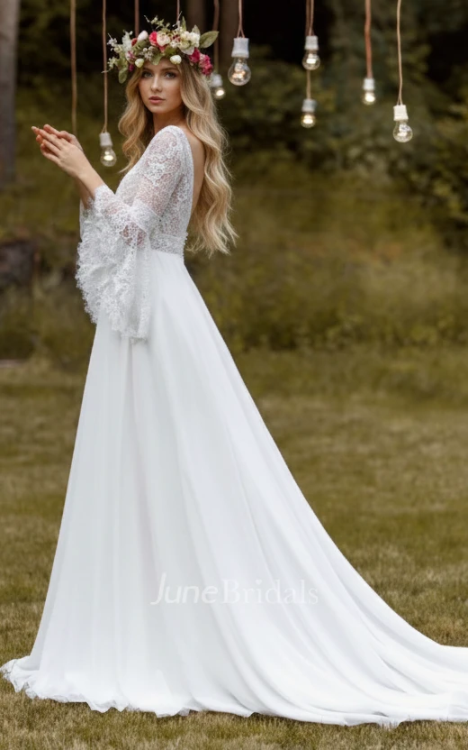 Bohemian Elegant A-Line V-Neck Lace Chiffon Warm Wedding Dress Backless with Bell Sleeves