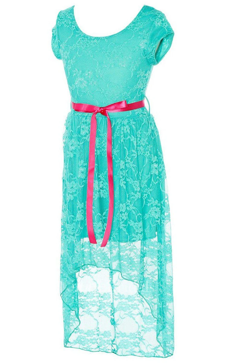 Short-sleeved High-low Lace Dress With Sash