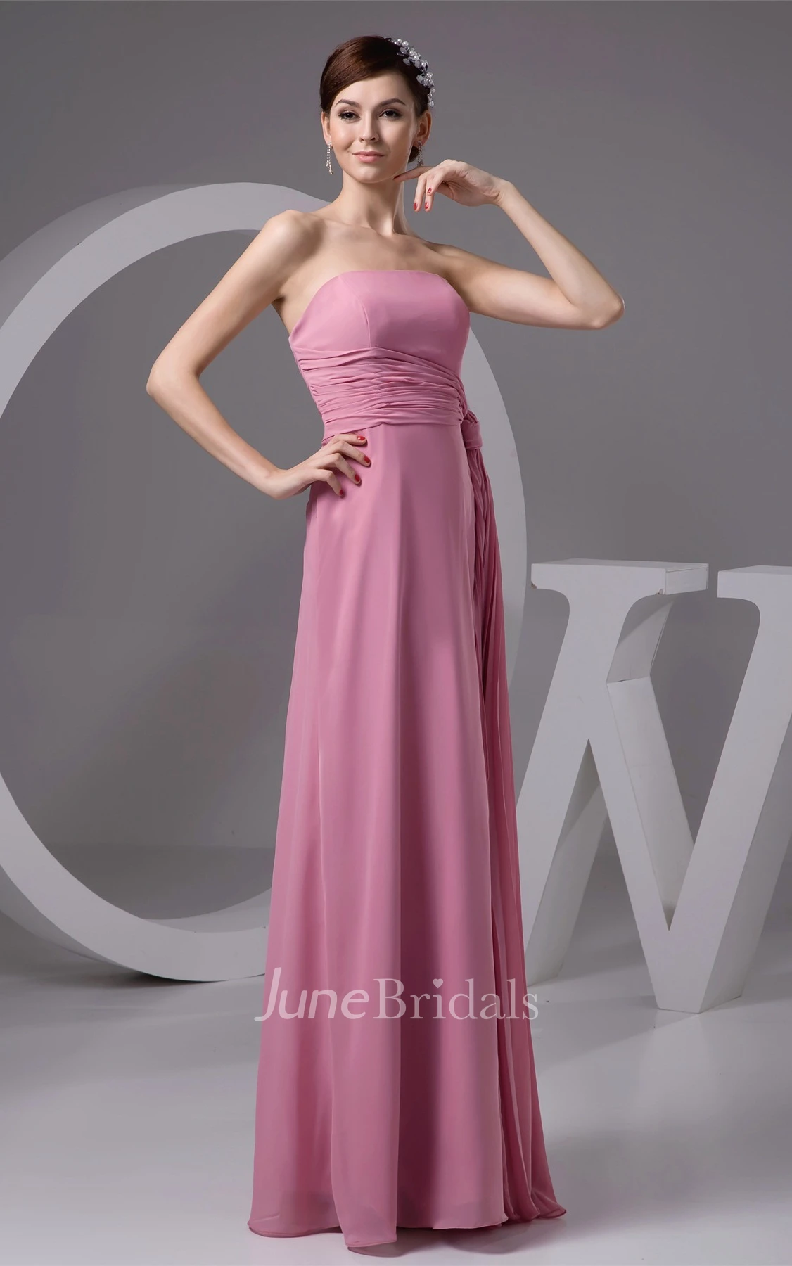 Strapless Chiffon Long Dress with Draping and Ruched Waist