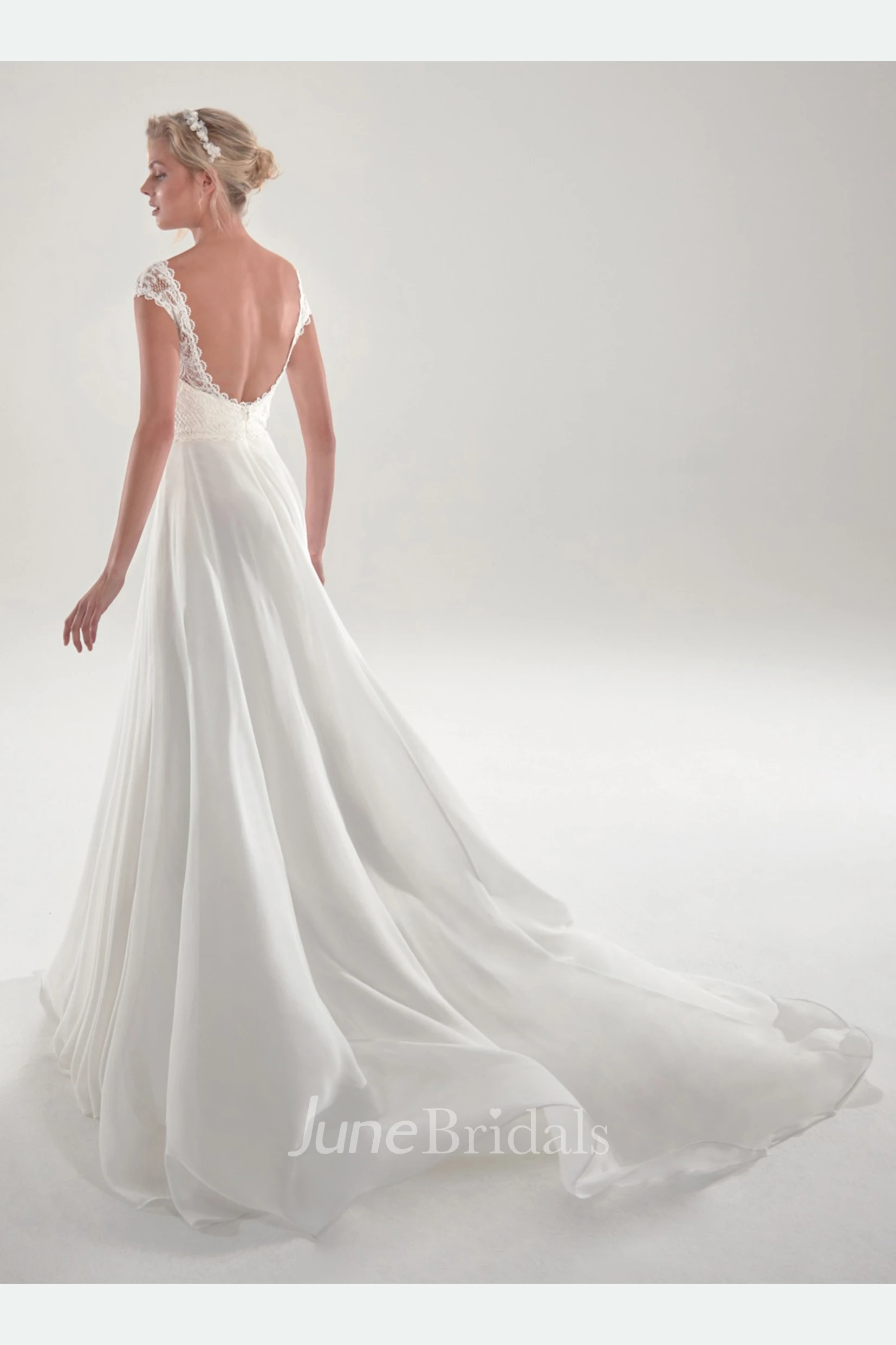 Graceful Short Sleeve Chapel Train Bridal Gown With Open Back