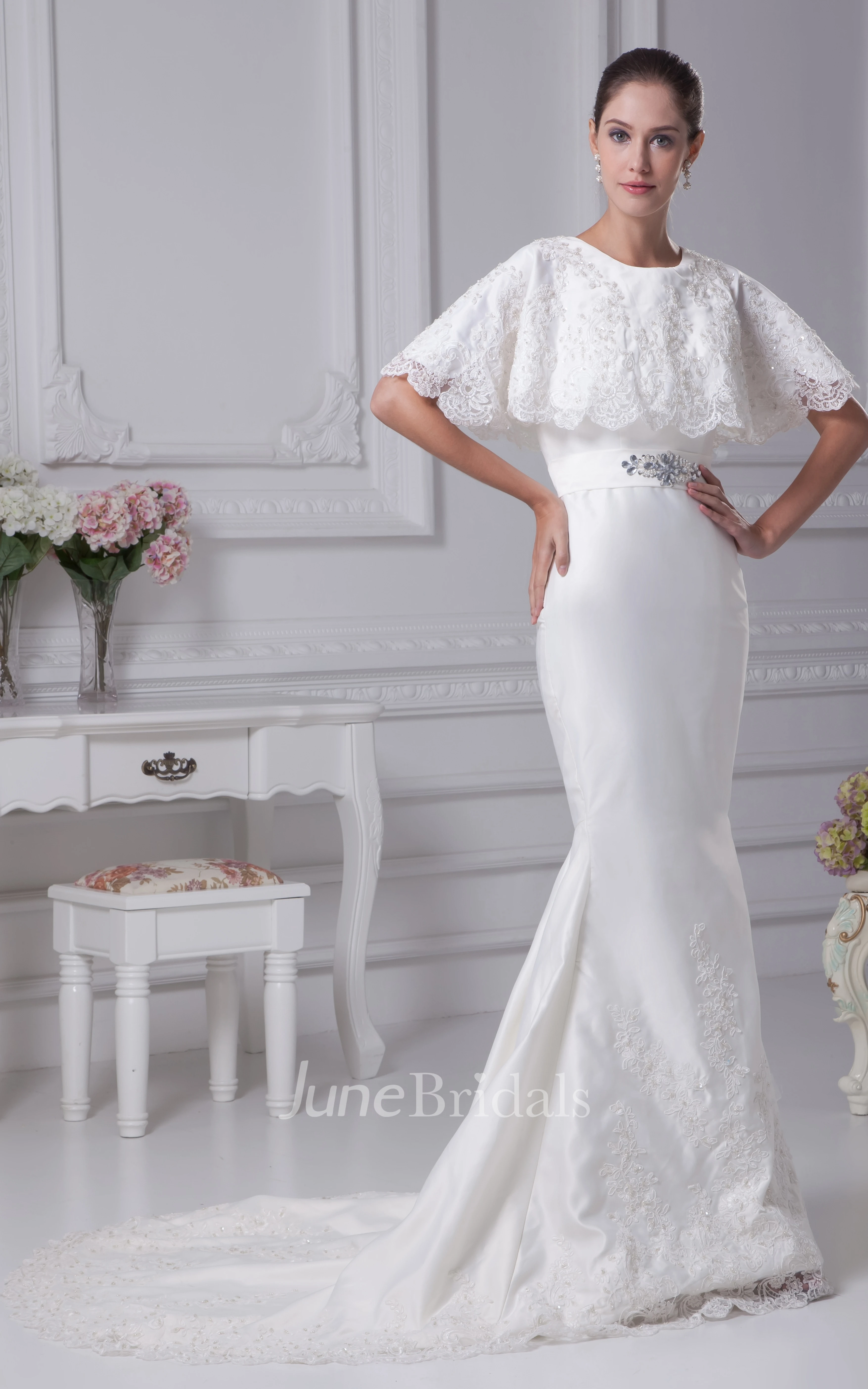 Mermaid Appliqued Satin Dress With Cape Design and Beaded Waist