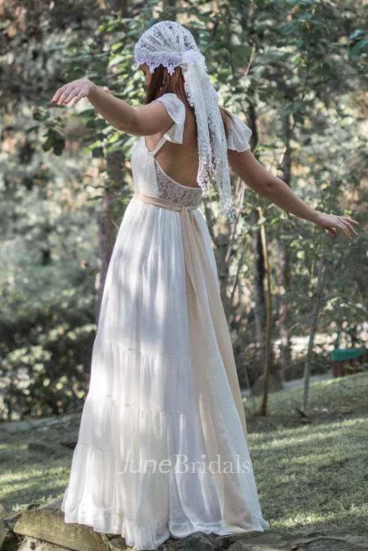 Scoop-Neck Poet-Sleeve Chiffon Wedding Dress With Lace And Bow