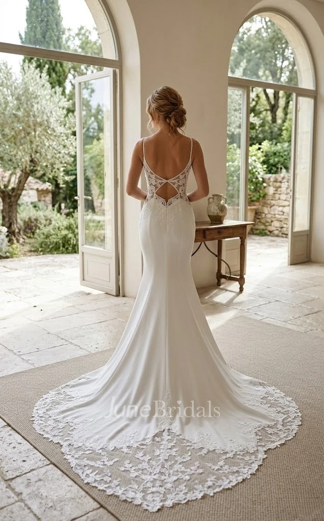 Modern Spaghetti Strap Wedding Dress Mermaid Floral Lace Gown with Illusion Keyhole Back