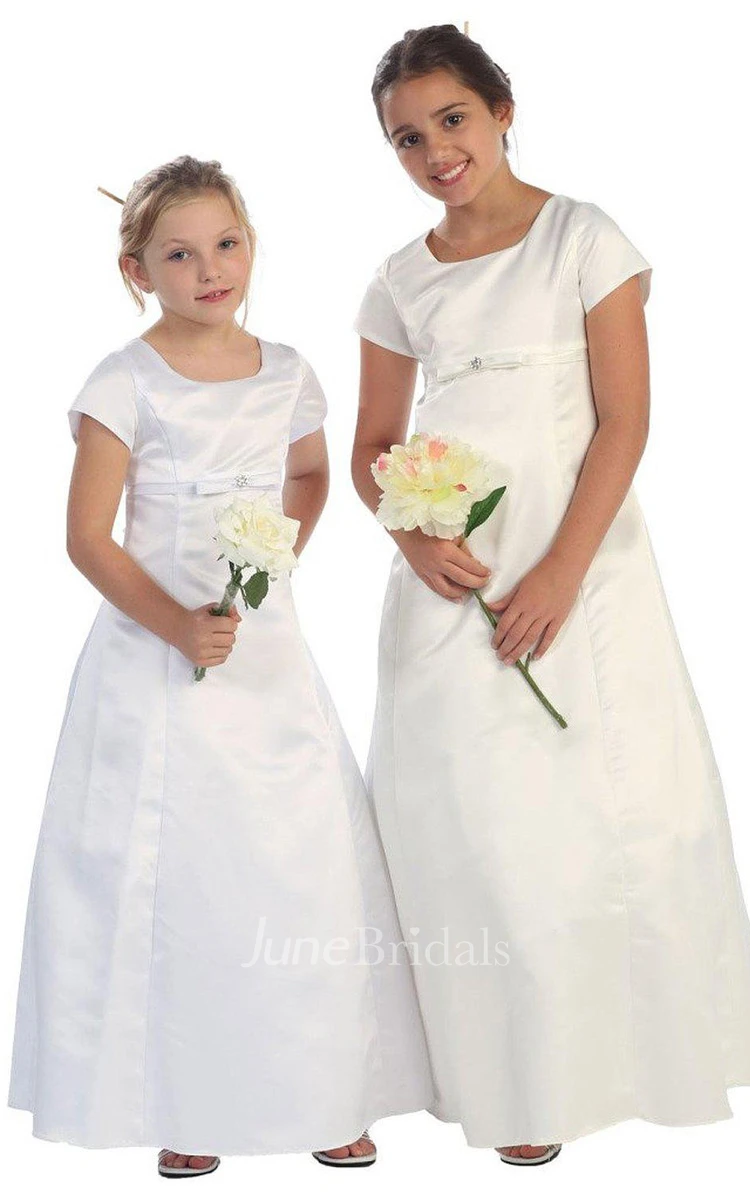 Short-sleeved A-line Satin Dress With Straps