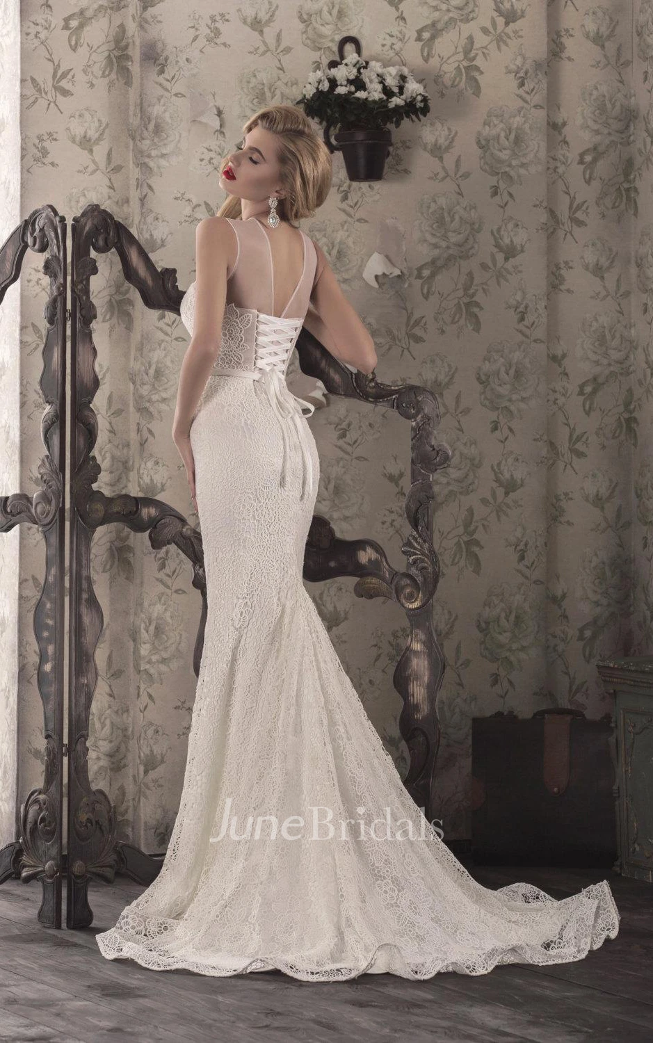 Lace Weddig Dress With Flower Illusion Lace-Up Back