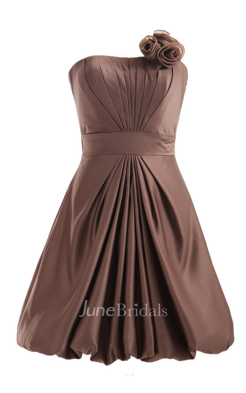 Strapless Appliqued Ruched Bodice Short Pleated Satin Dress