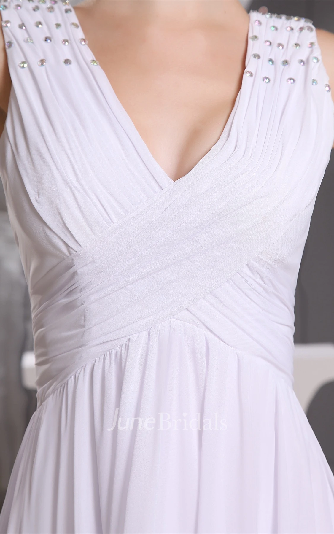 Plunged Caped-Sleeve Criss-Cross Long Dress with Beading and Empire Waist