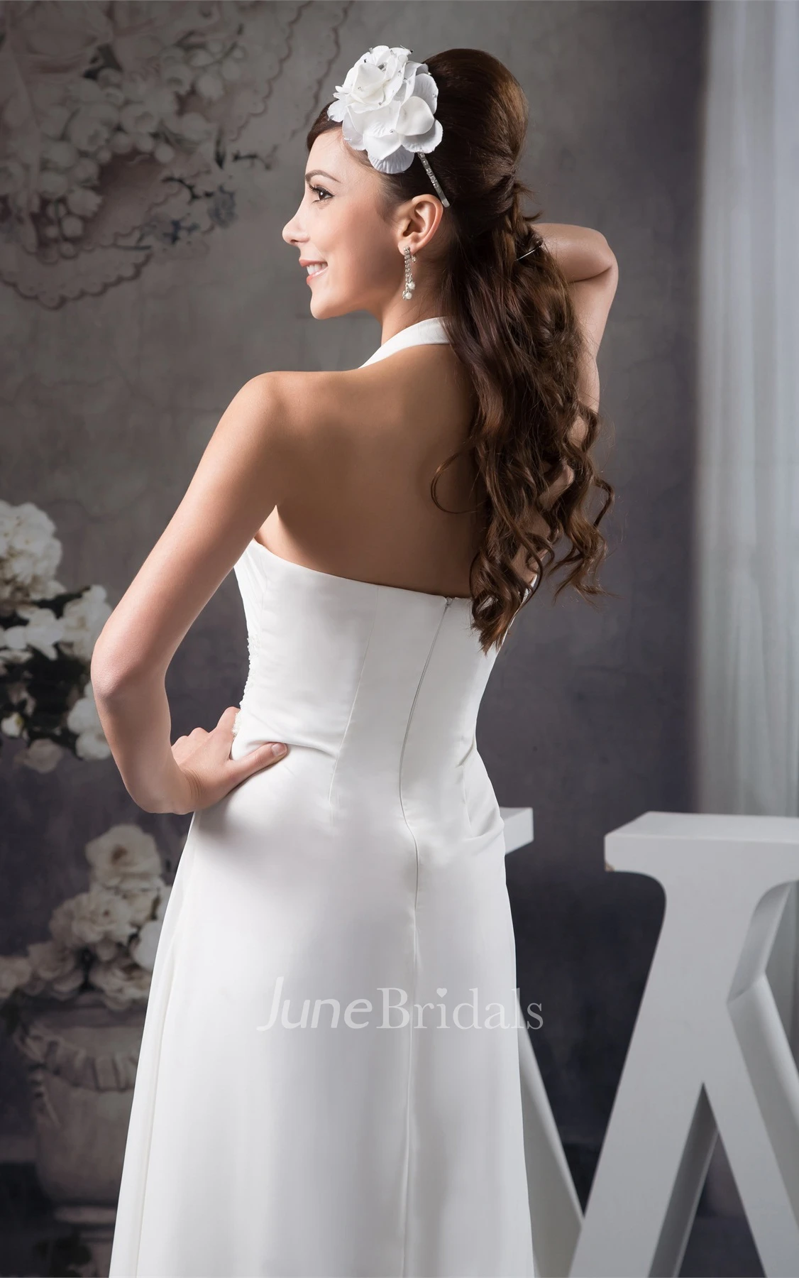 Chiffon Side-Draped A-Line Maxi Dress with Appliques and Halter