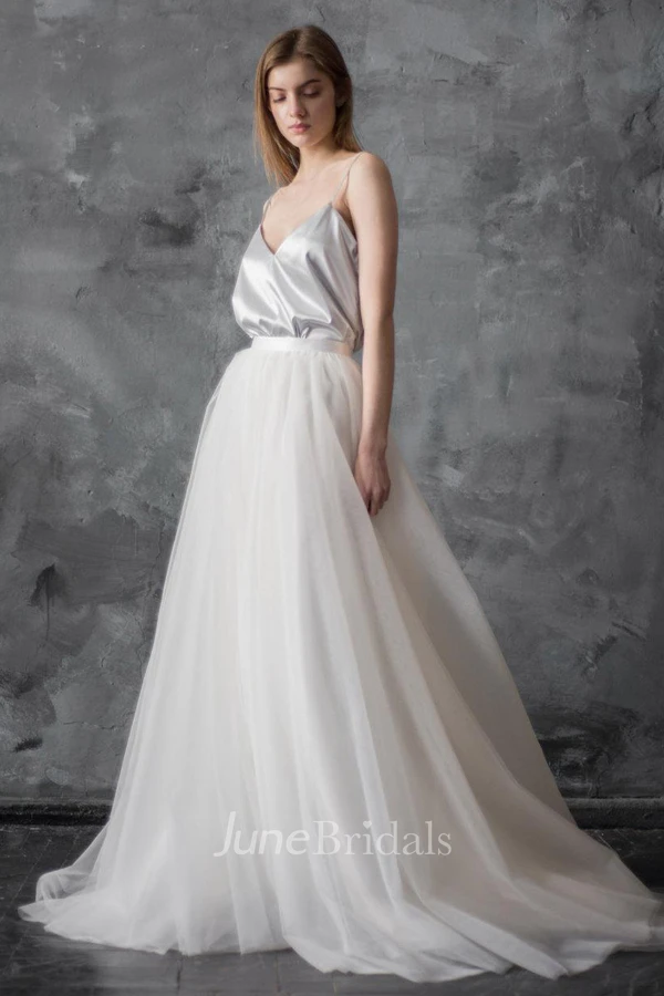 Spaghetti-Strap A-Line Dress With Tulle Skirt And Deep-V Back
