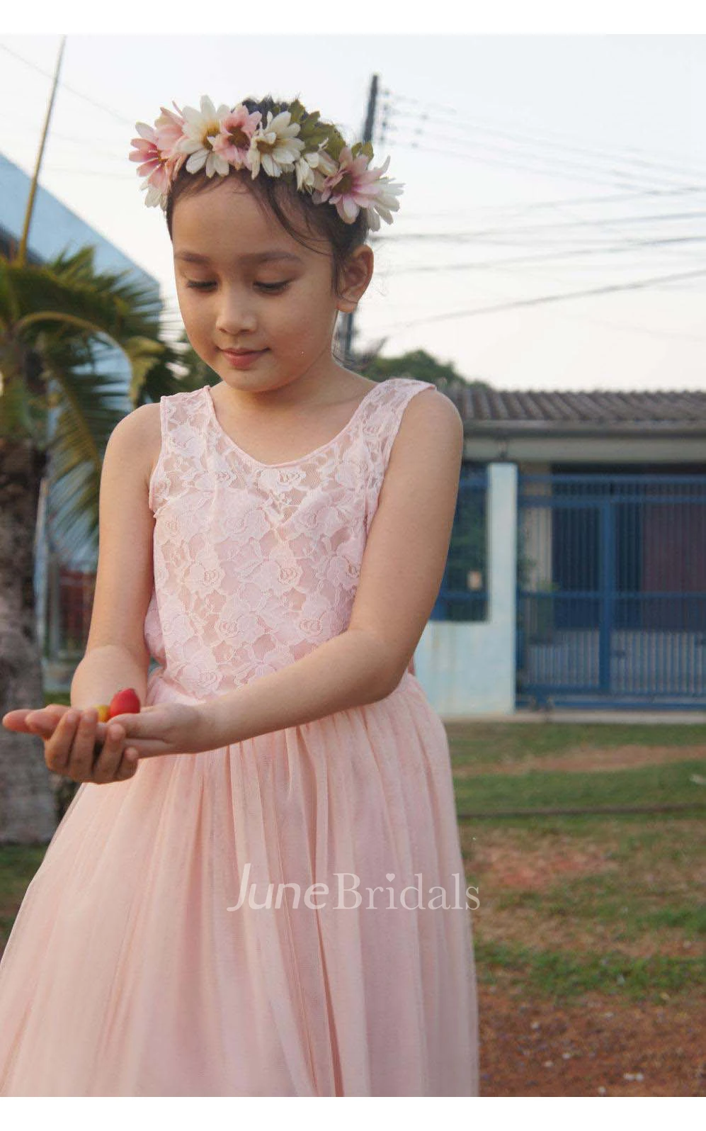 Blush Flower Lace Bodice Pleated A-line Tulle Flower Girl Dress With Bow Sash