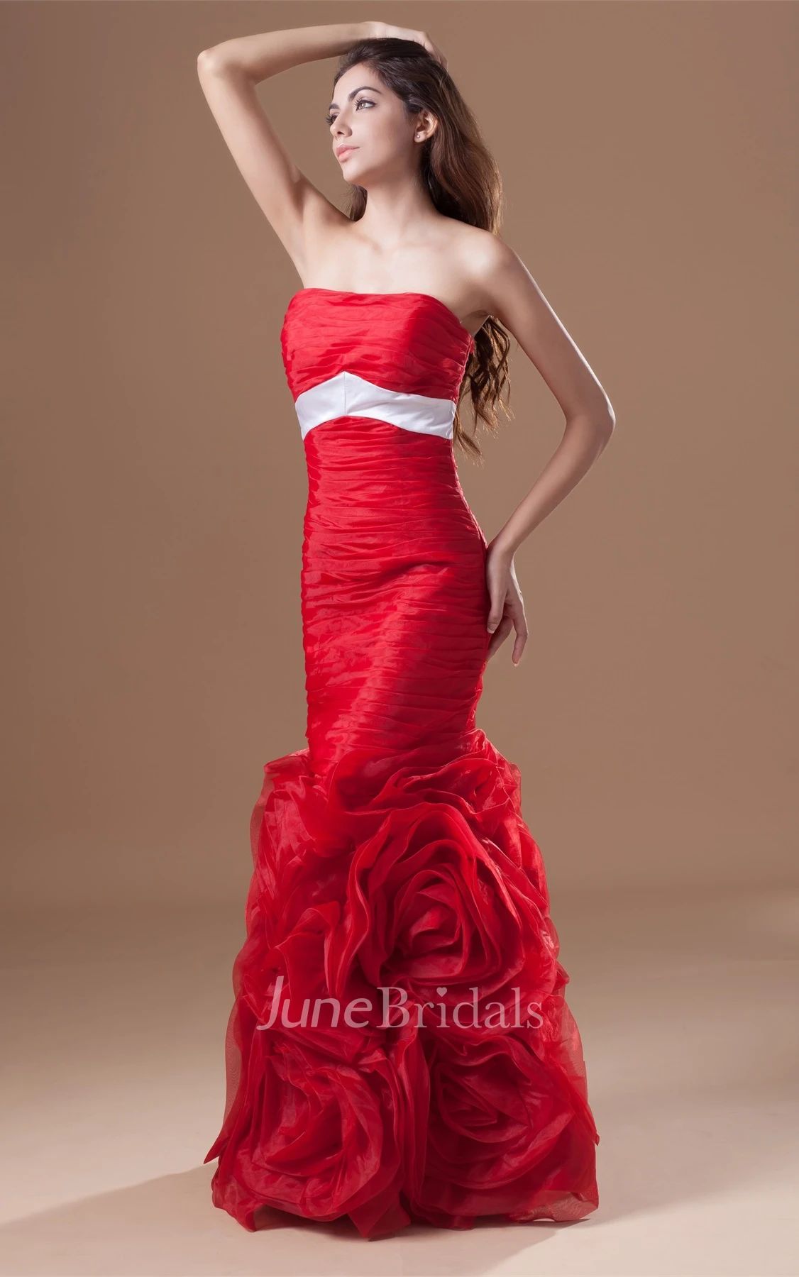 strapless mermaid organza dress with floral skirt and ruching