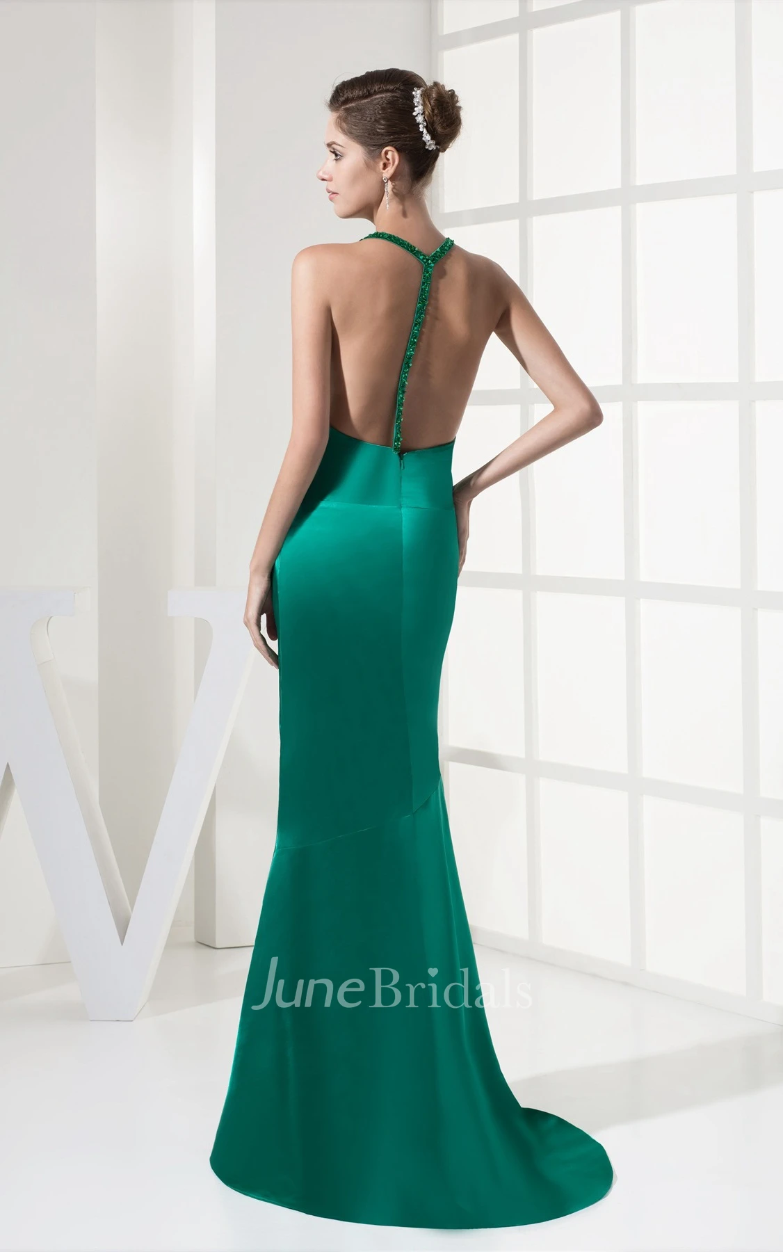 Plunged Satin Mermaid High-Low Dress with Brush Train