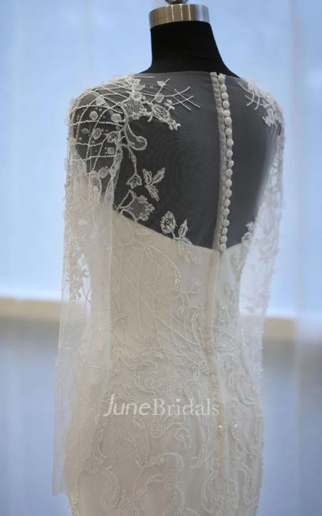 Trumpet Maxi Long Sleeve Bell Beading Flower Zipper Keyhole Tulle Lace Satin Dress