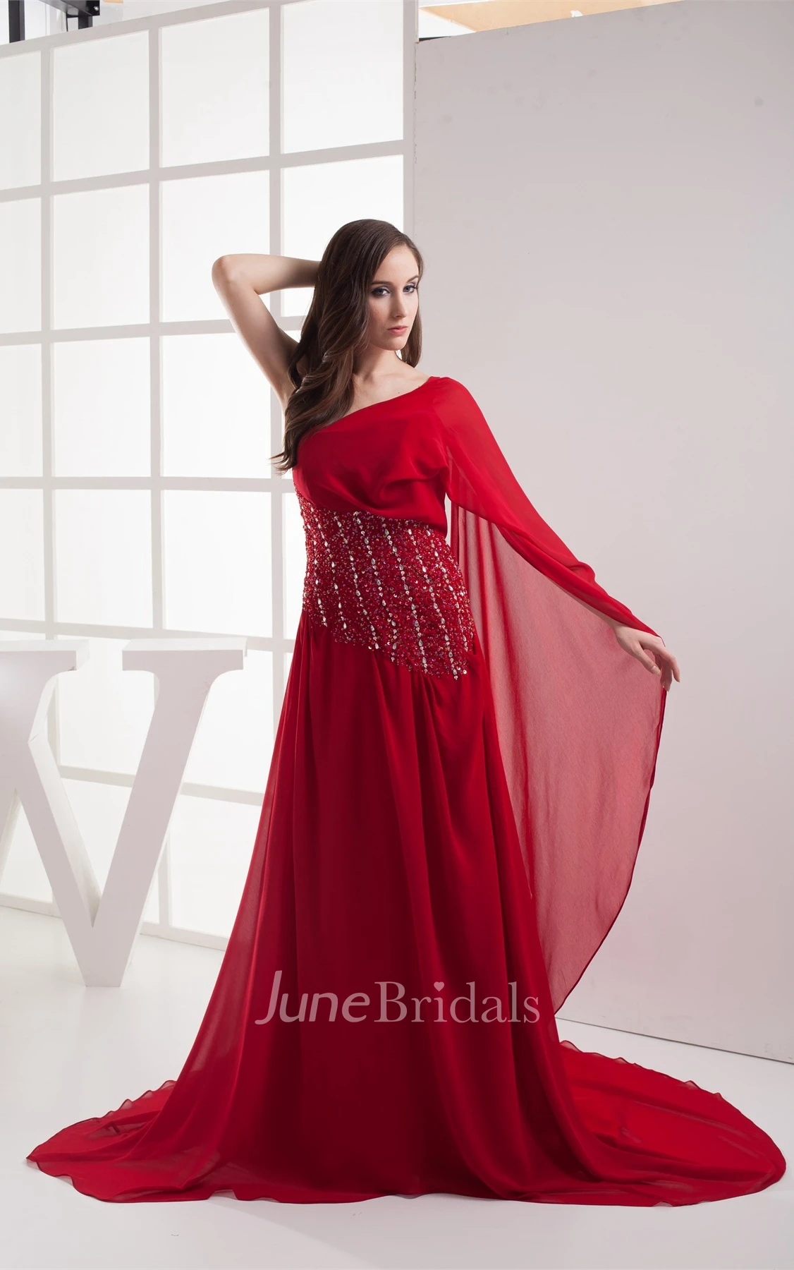 Flay Asymmetrical Chiffon Maxi Dress with Pleats and Gemmed Waist