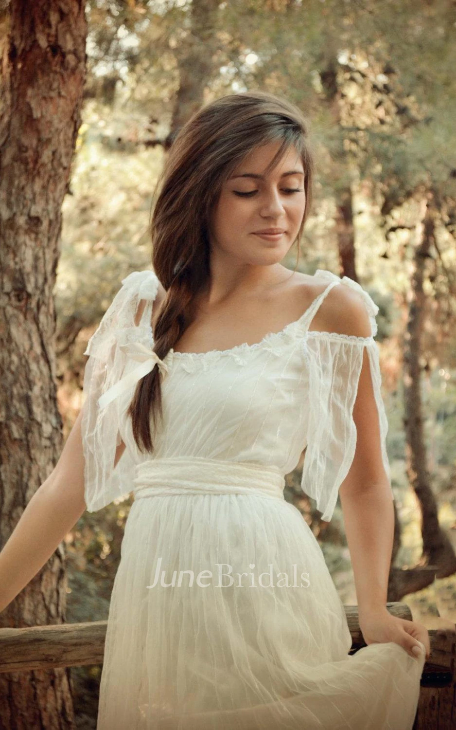 Boho Empire Backless Long Organza Wedding Dress With Sash And Scoop Neck