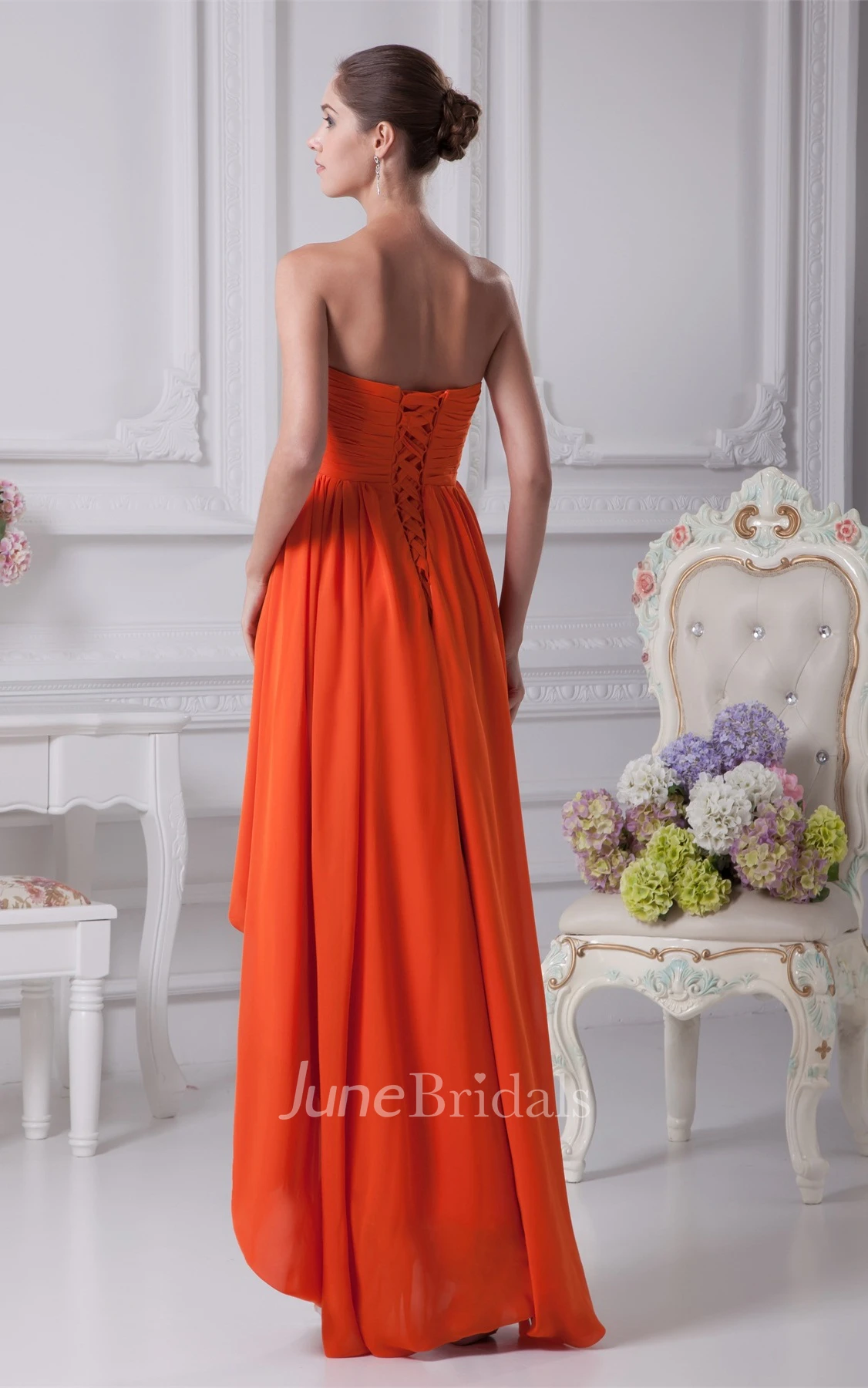 Strapless Gemmed High-Low Chiffon Dress with Pleats