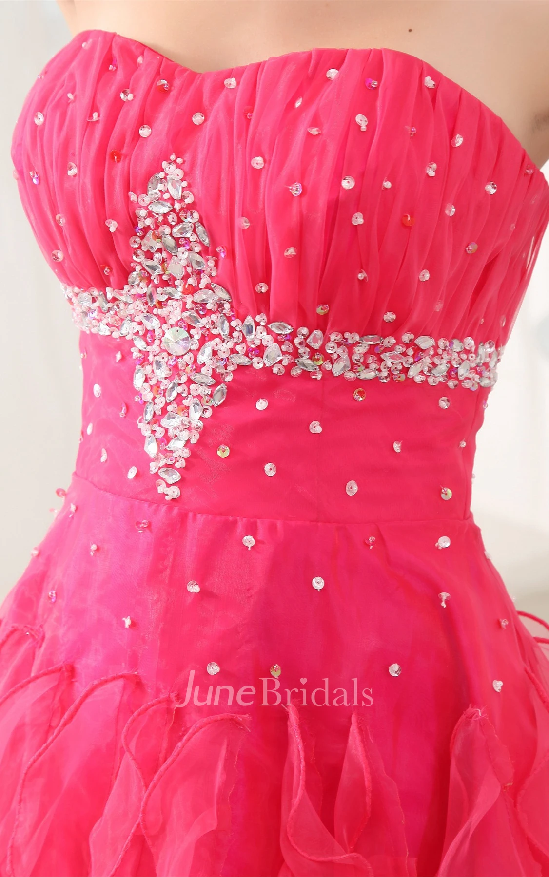 Strapless Mini-Length A-Line Gown with Crystal Detailing and Ruffles