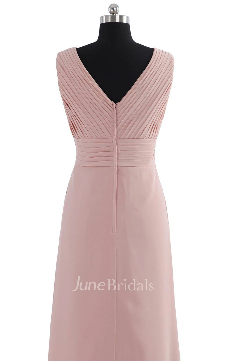 Sleeveless V-neck Chiffon Gown With Ruching