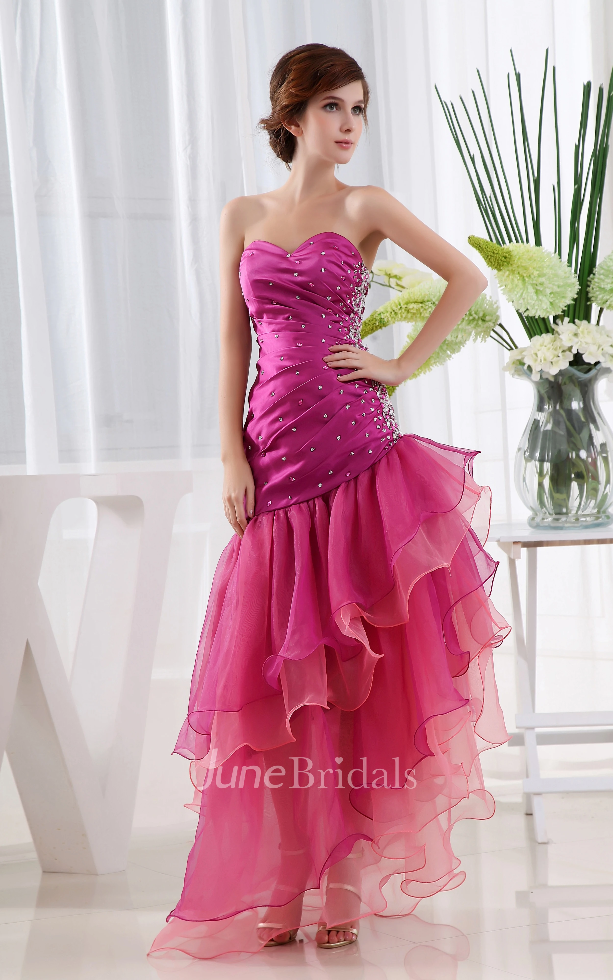 Sweetheart Beaded Dress With Side Ruching and Tiers