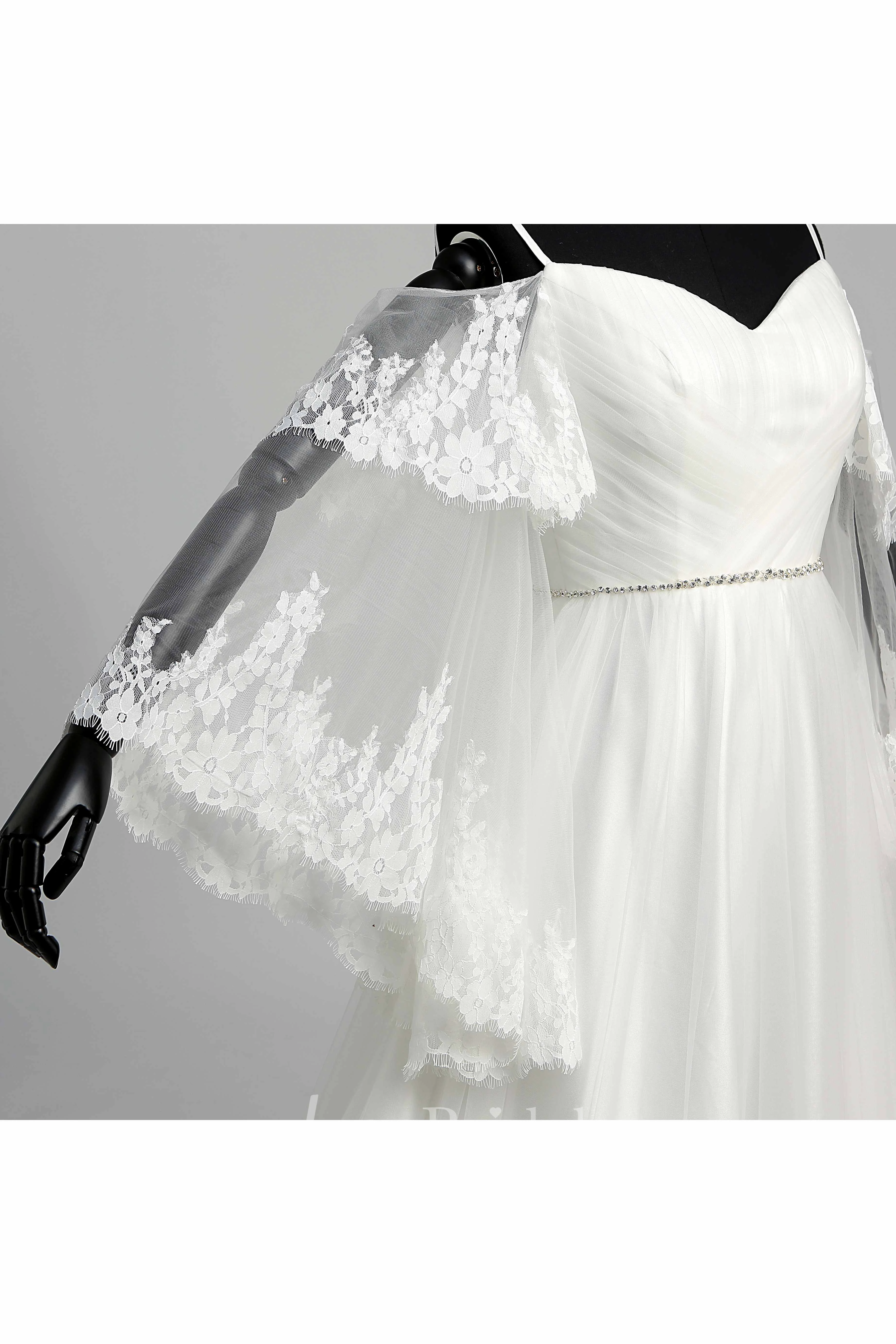 Floor-length Court Train A-line Off-the-shoulder Bell Illusion Long Sleeve Low-V Back Tulle Weeding Dress