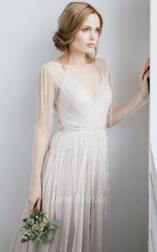 Long Sleeve V-Neck Illusion Tulle Weddig Dress With Beading