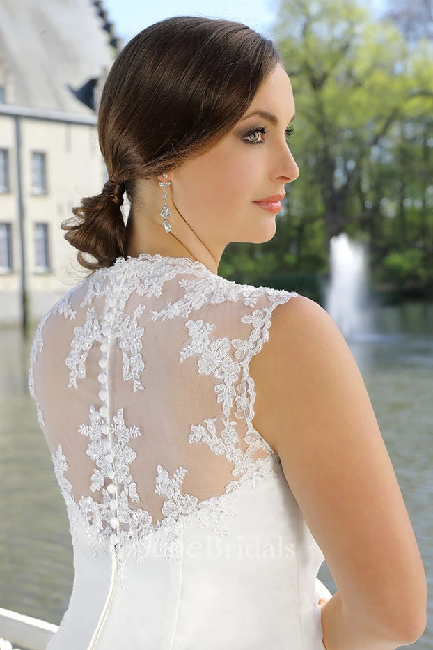 A-Line Long Queen Anne Sleeveless Satin Illusion Side Draping Dress