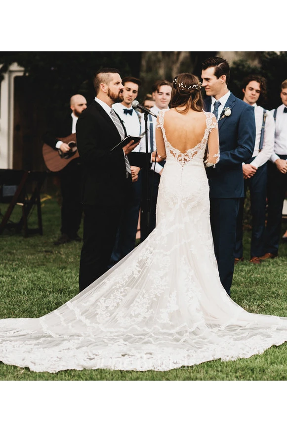 Brilliant Lace Bohemian Deep-V Back Cathedral Train Wedding Dress