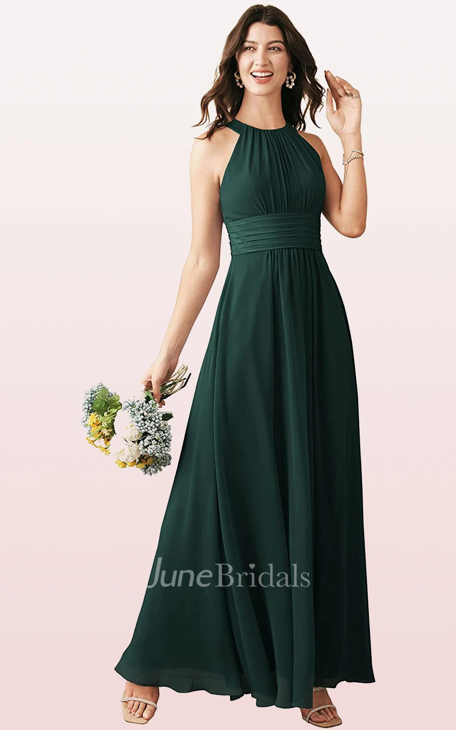 Ethereal A Line Halter Chiffon Sleeveless Bridesmaid Dress