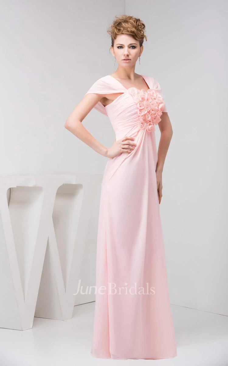 Short-sleeved Chiffon Dress With Floral Bodice