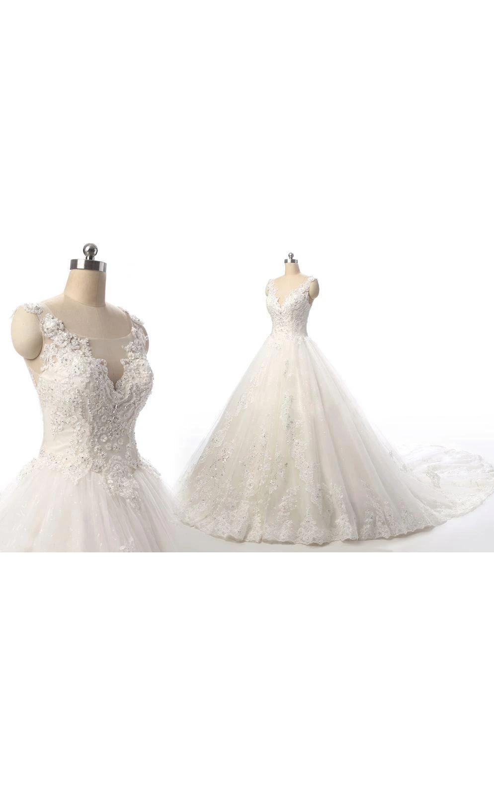 V-Neck Tulle Lace Weddig Dress With Beading Illusion