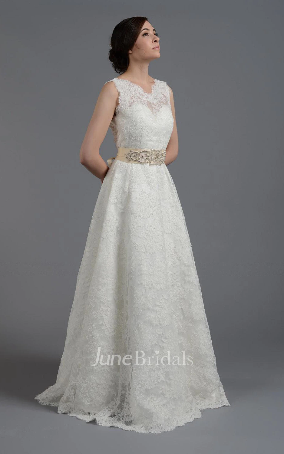 V-Neck Sleeveless Long A-Line Lace Dress With Beaded Belt