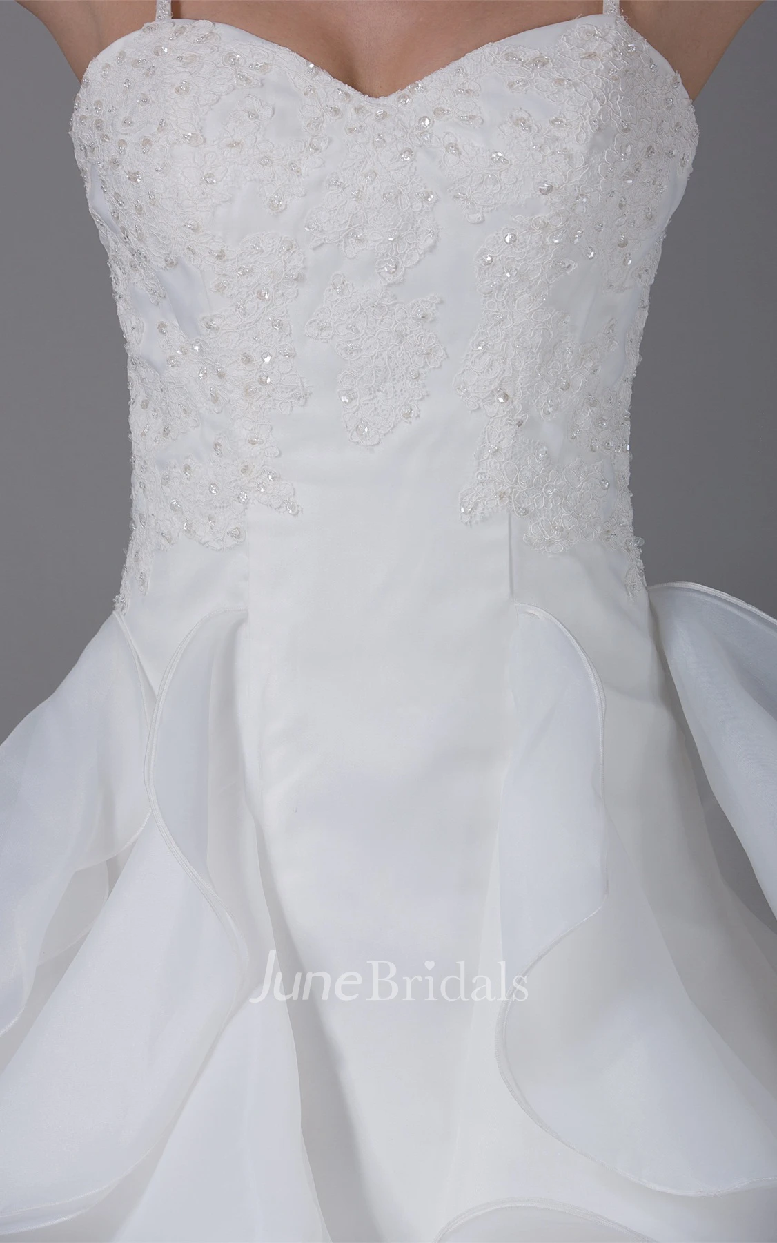 Appliqued Ruffled A-Line Gown with Spaghetti-Straps and Corset Back