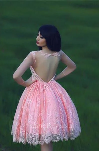 Lovely Beadings Lace Cocktail Dress Open Back Pink Homecoming Dress