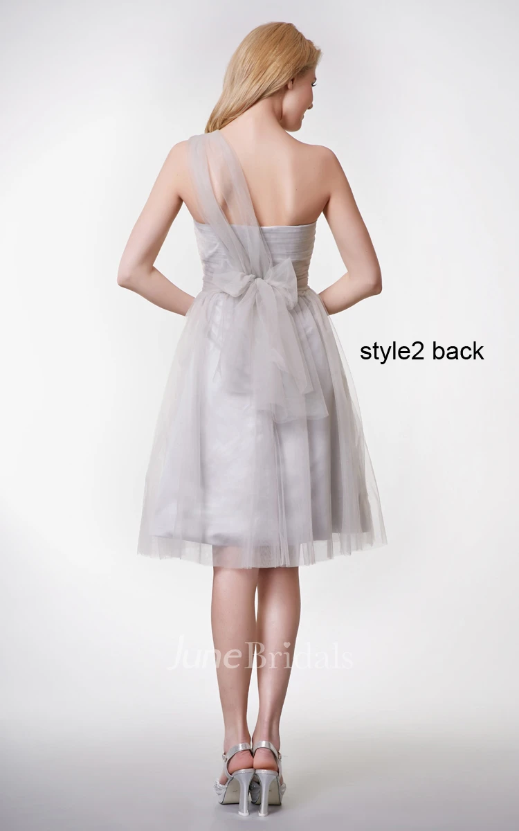 Short Sleeve Pleated Short A-line Tulle Dress With Changeable Ruched Belt