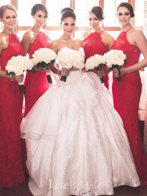 Sexy Halter Sleeveless Mermaid Red Bridesmaid Dress Sweep Train