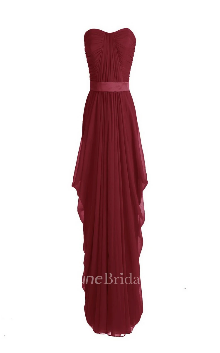 Strapless Asymmetrical Chiffon Gown With Pleats