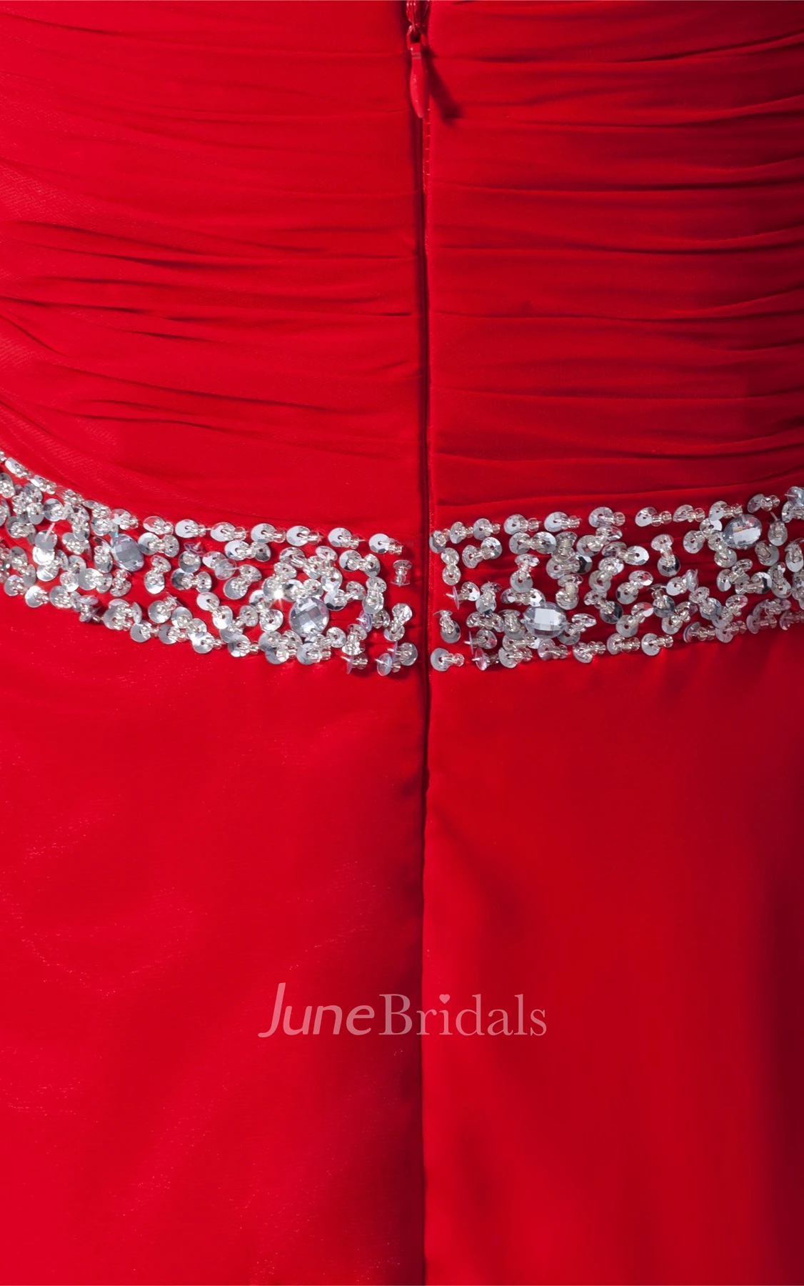 one-shoulder ankle-length chiffon dress with cross beading and ruching