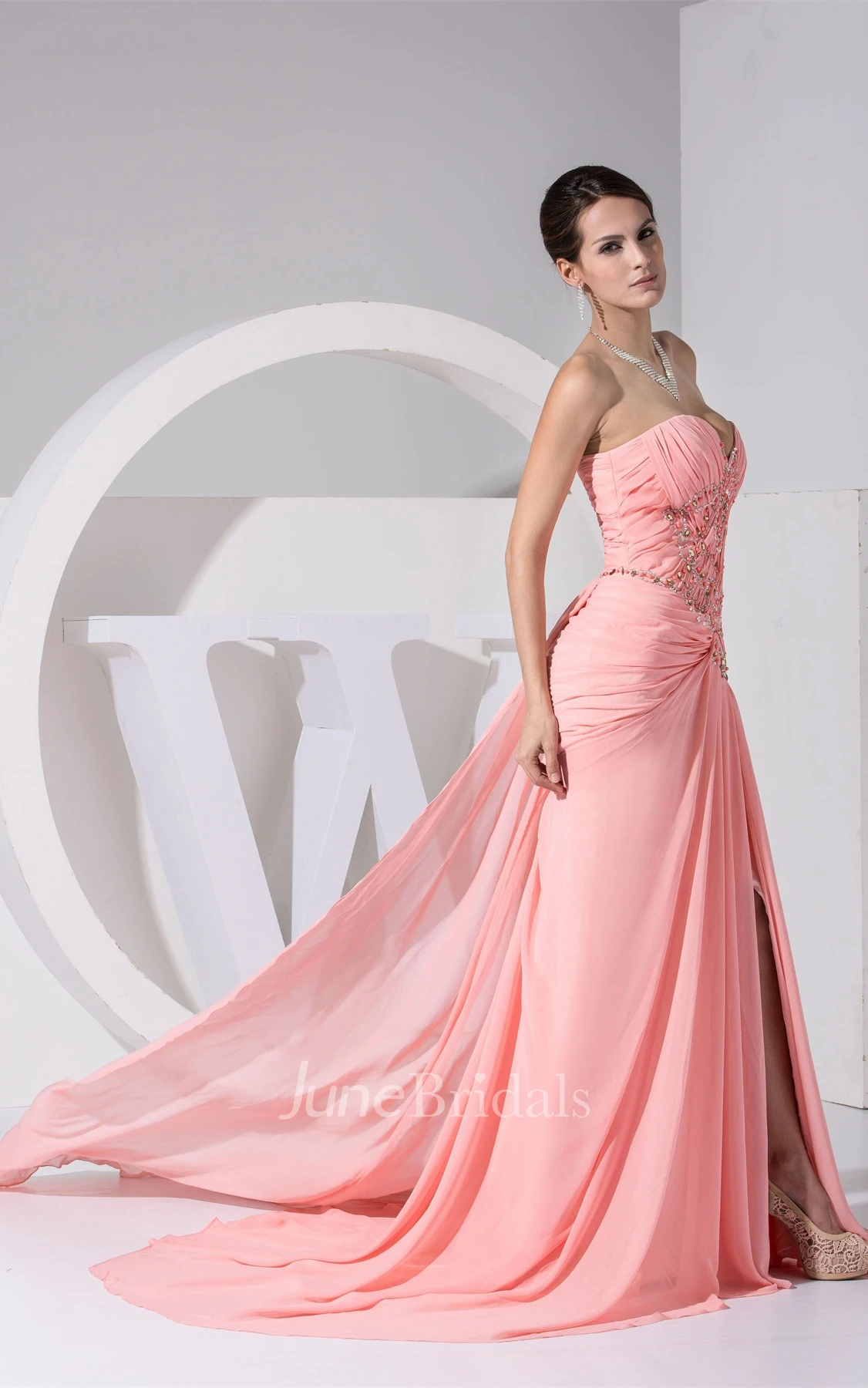 Ruched Sweetheart A-Line Front-Split Dress with Beadings and Court Train