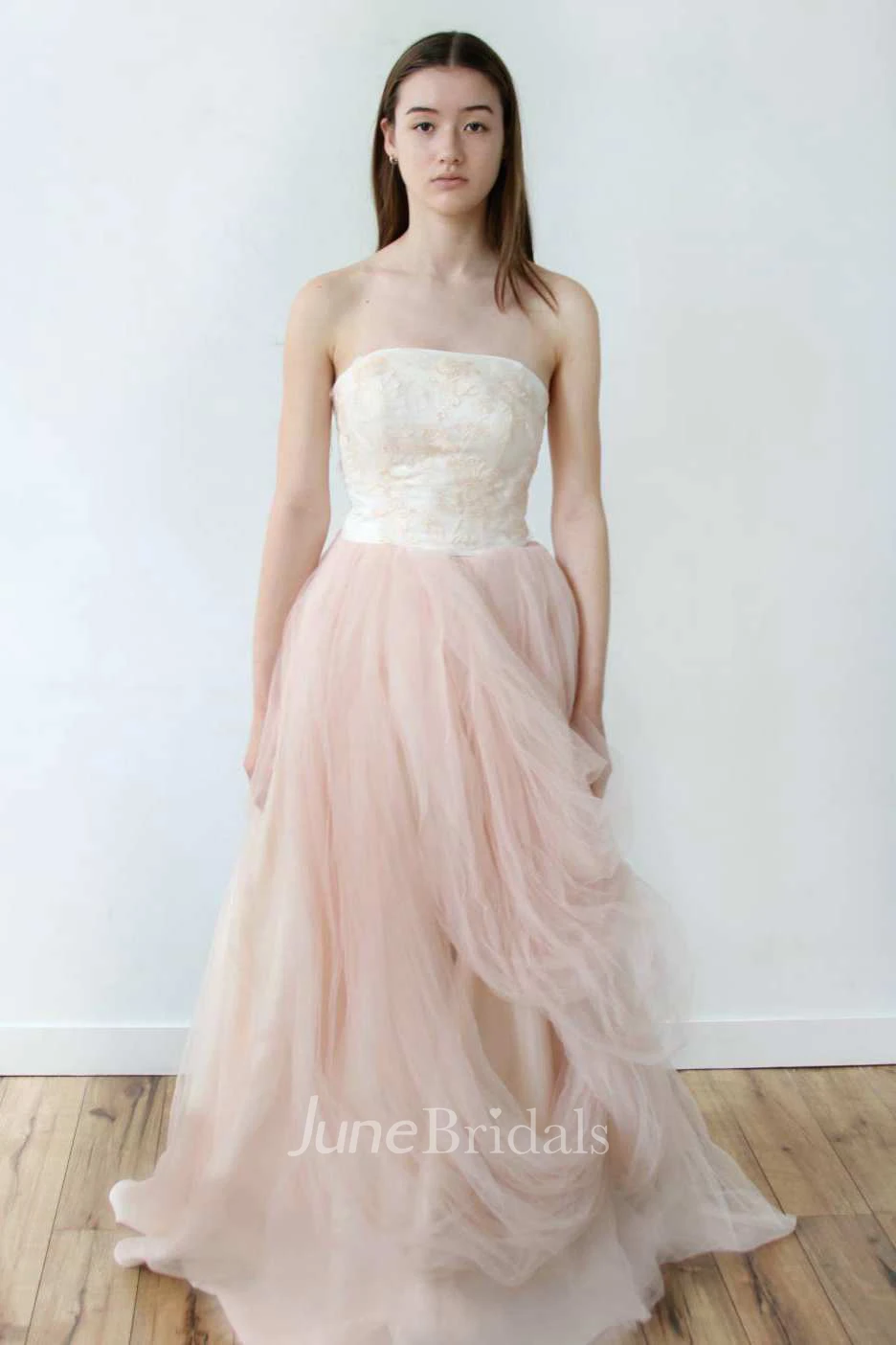 Strapless Tulle Pick Up A-Line Dress With Embroidered Top