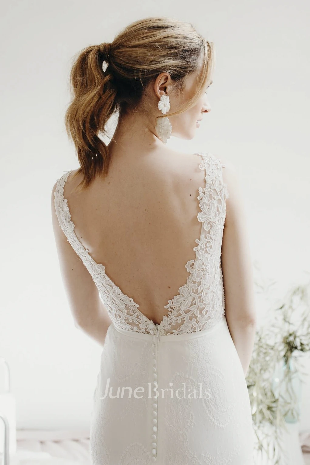 Lace Sleeveless Elegant Sheath Plunging V-neck Bridal Gown With Deep V-back And Buttons