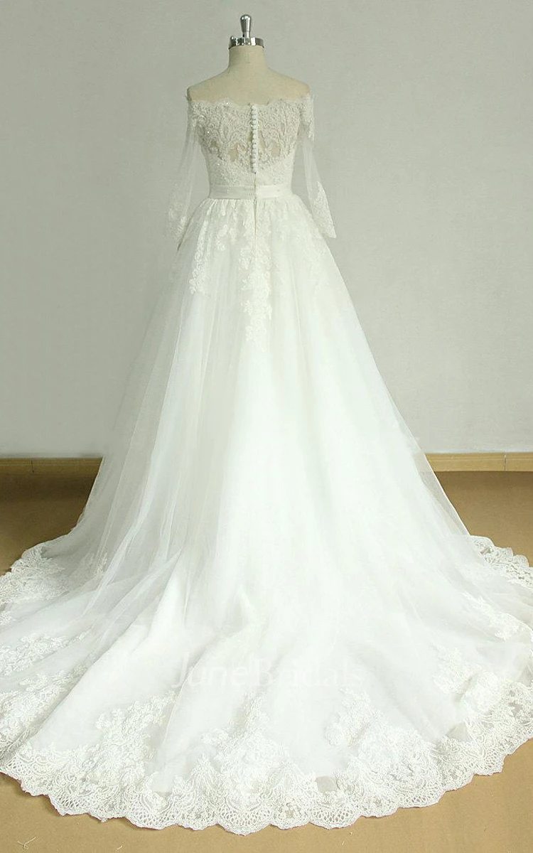 A-Line Off-The-Shoulder Lace Satin Weddig Dress