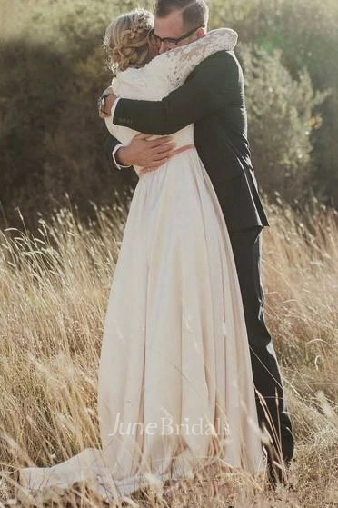 Elegant Sheath Scalloped Long Sleeve Lace And Satin Wedding Dress