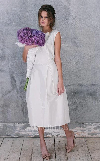 Sheer Tea-Length Sleeveless Satin Dress